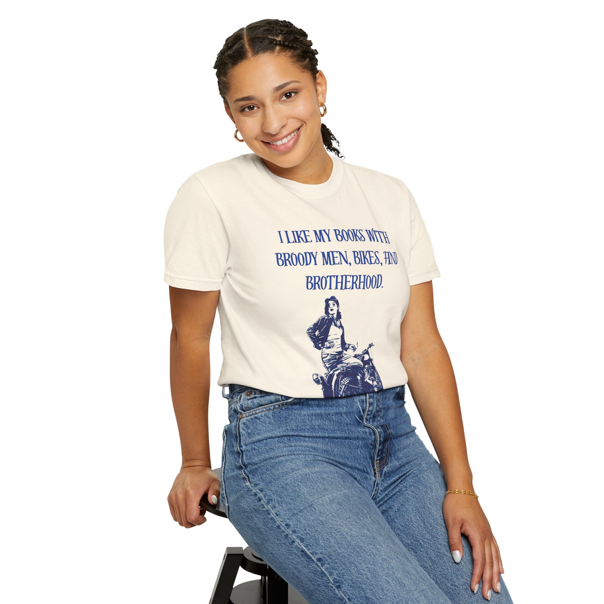Graphic Tee — “I Like My Books With Broody Men, Bikes, and Brotherhood” Motorcycle Booklover Shirt